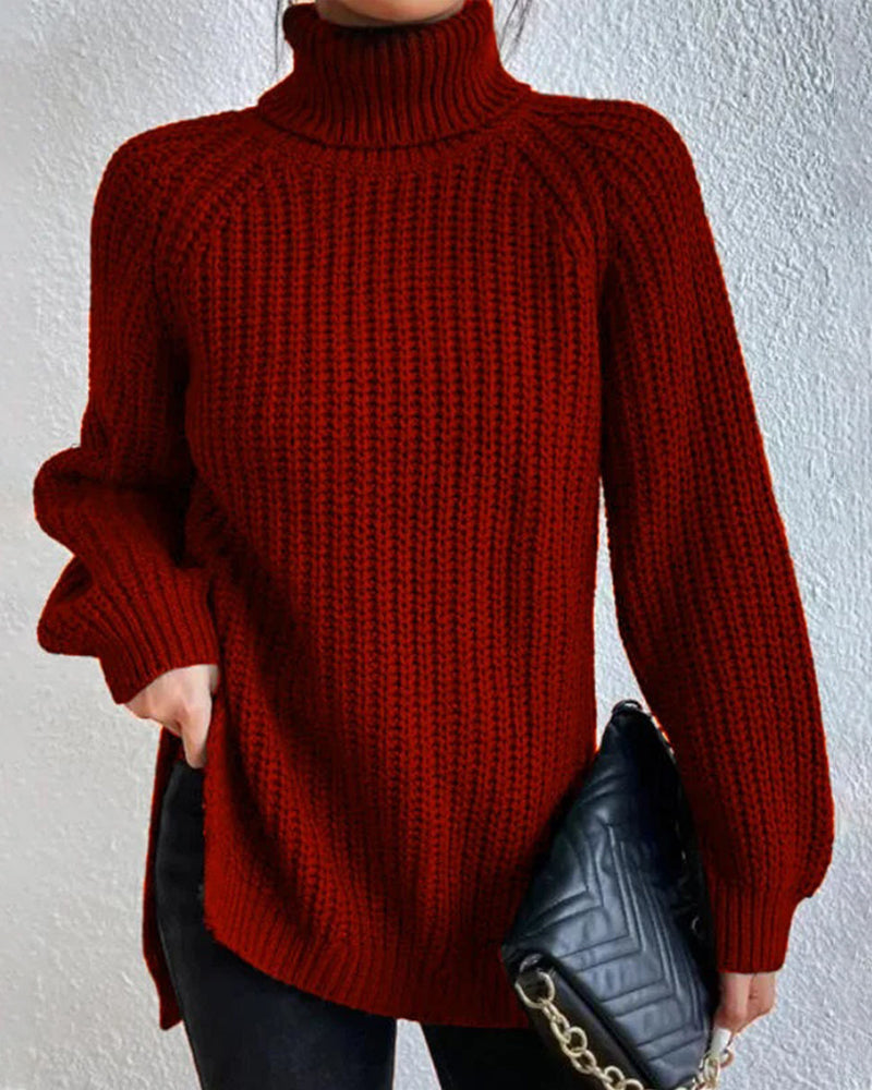 Women's Ribbed Turtleneck Sweater Chunky Knit Long-Sleeve Relaxed Winter Pullover