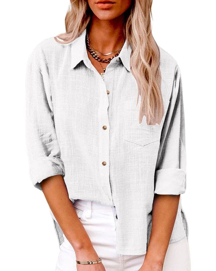 Women's Linen Button-Up Shirt Collared Long-Sleeve Chest-Pocket Relaxed