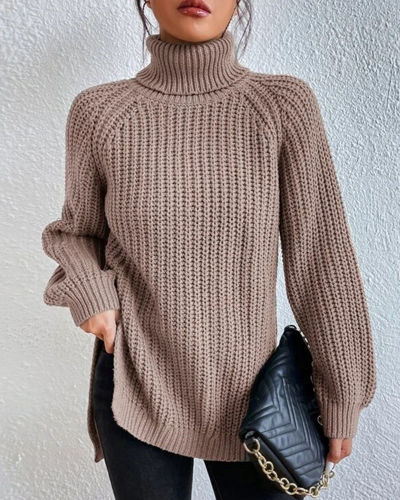 Women's Ribbed Turtleneck Sweater Chunky Knit Long-Sleeve Relaxed Winter Pullover