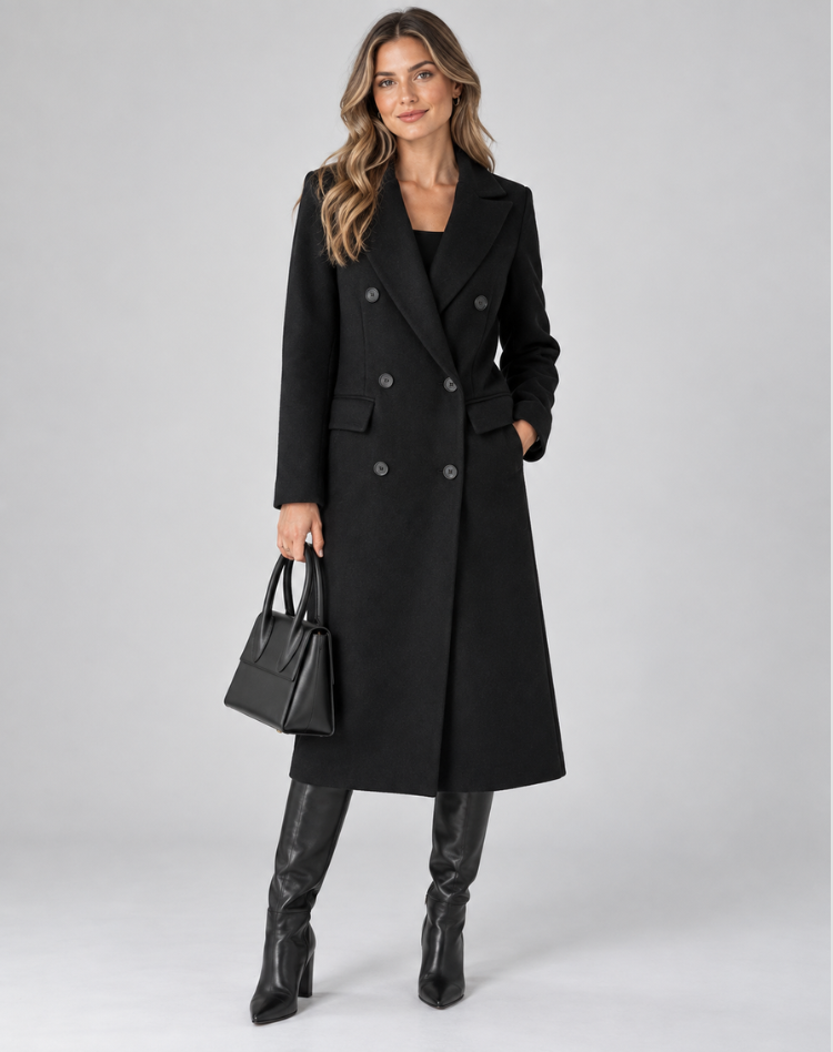 Women's Long Double-Breasted Wool Coat Notch Lapel Tailored Winter Overcoat