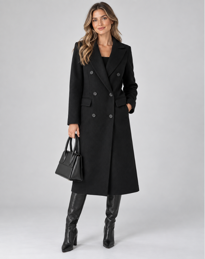 Women's Long Double-Breasted Wool Coat Notch Lapel Tailored Winter Overcoat