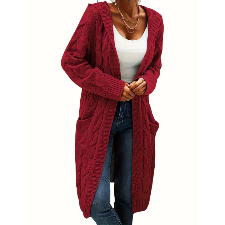 Women's Long Cable Knit Hooded Cardigan Open Front Patch-Pocket Longline