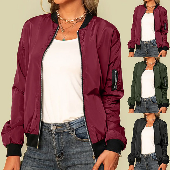 Women's Lightweight Zip-Up Bomber Jacket Ribbed Trim Sleeve Pocket Moto