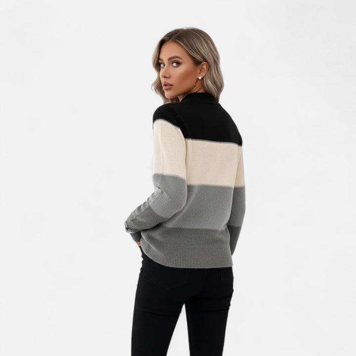 Women's Colorblock Knit Sweater Mock Neck Long-Sleeve Fitted Whipstitch Pullover