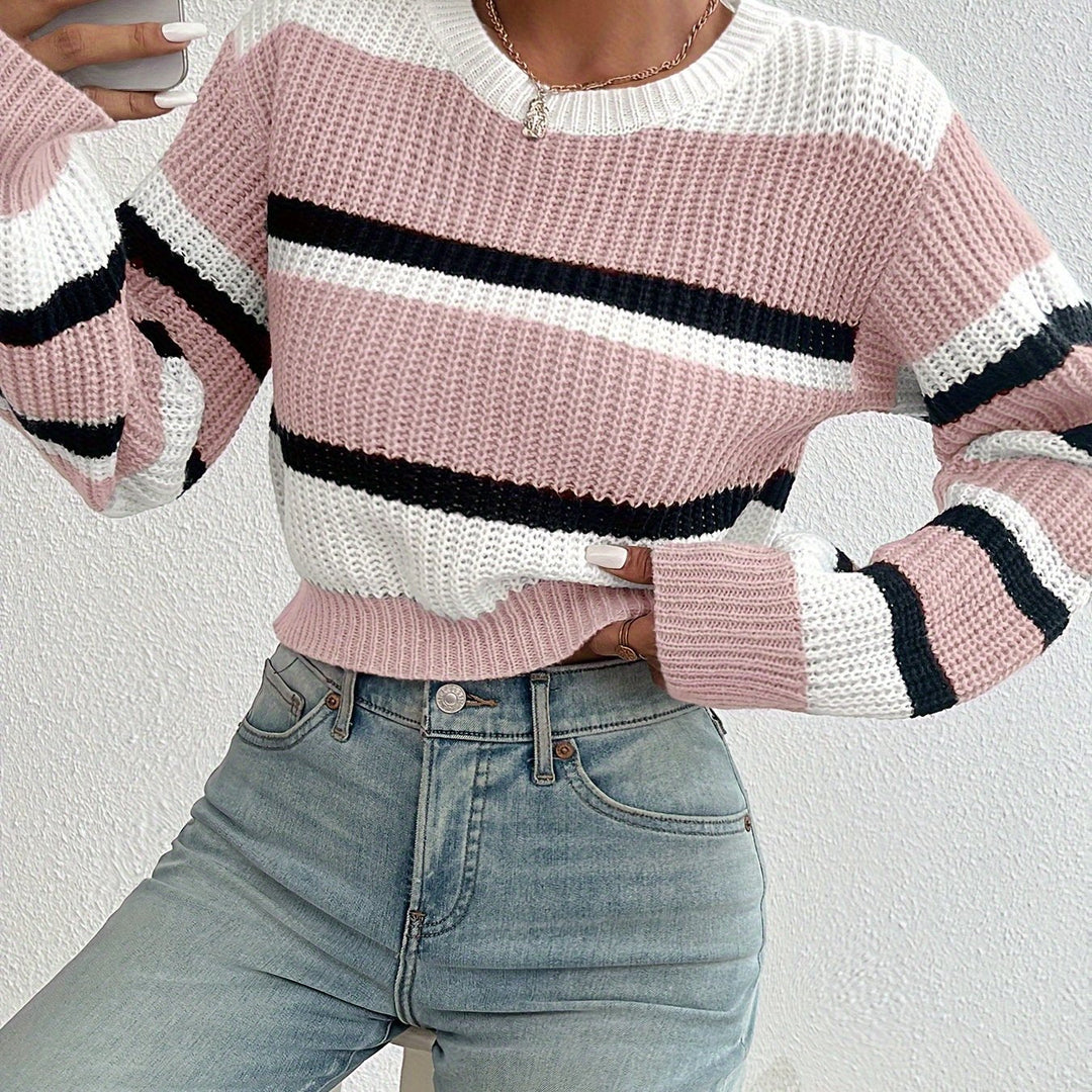 Women's Cropped Striped Knit Sweater Crewneck Colorblock Waffle Pullover