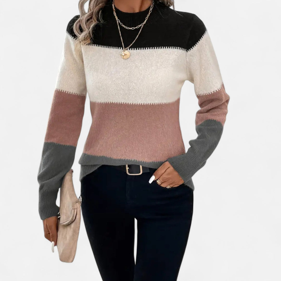 Women's Colorblock Knit Sweater Mock Neck Long-Sleeve Fitted Whipstitch Pullover