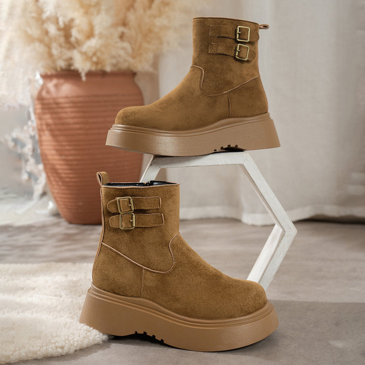 Women's Suede Ankle Boots Double Buckle Side-Zip Platform Lug-Sole Round-Toe