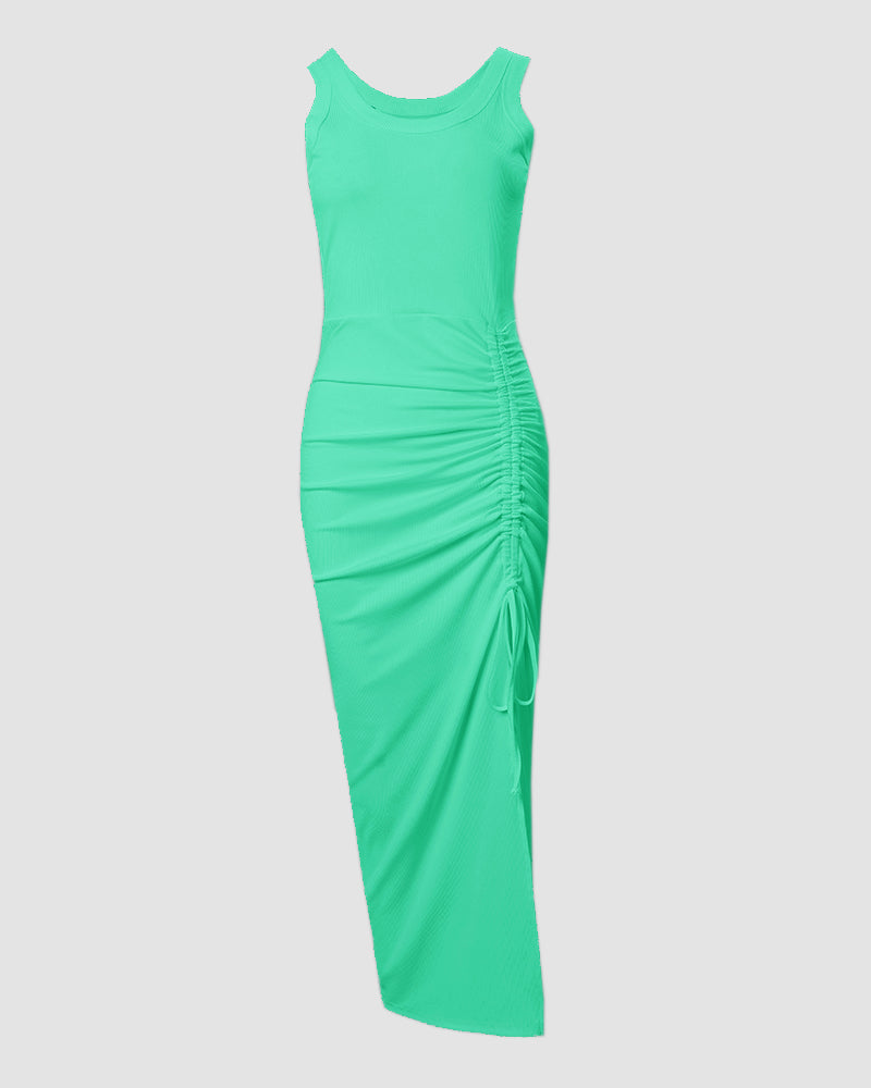 Women's Ribbed Tank Maxi Dress Scoop Neck Ruched Side-Slit Bodycon