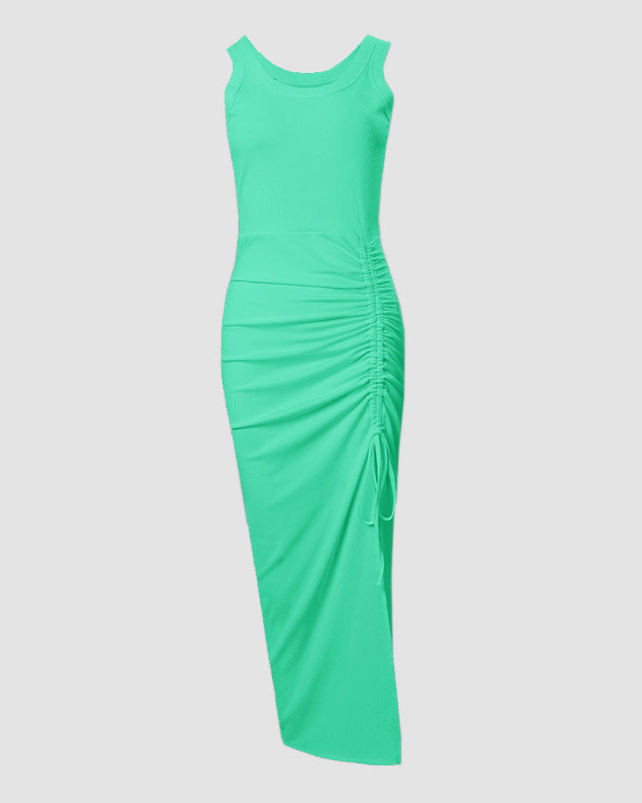 Women's Ribbed Tank Maxi Dress Scoop Neck Ruched Side-Slit Bodycon