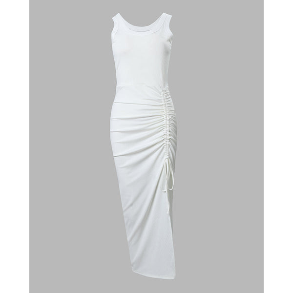 Women's Ribbed Tank Maxi Dress Scoop Neck Ruched Side-Slit Bodycon