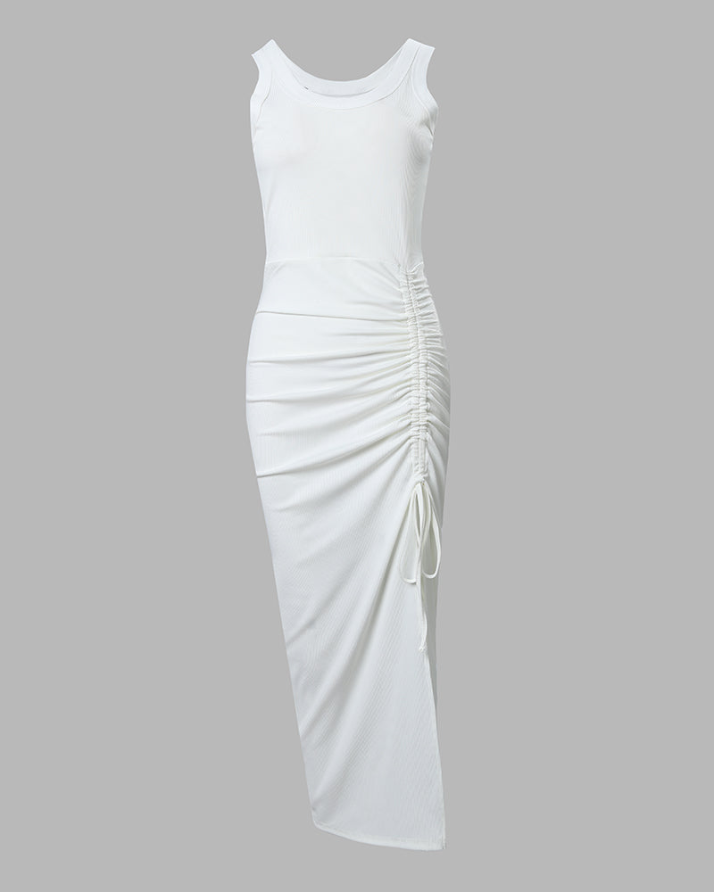 Women's Ribbed Tank Maxi Dress Scoop Neck Ruched Side-Slit Bodycon