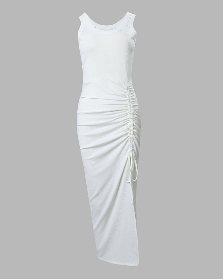 Women's Ribbed Tank Maxi Dress Scoop Neck Ruched Side-Slit Bodycon