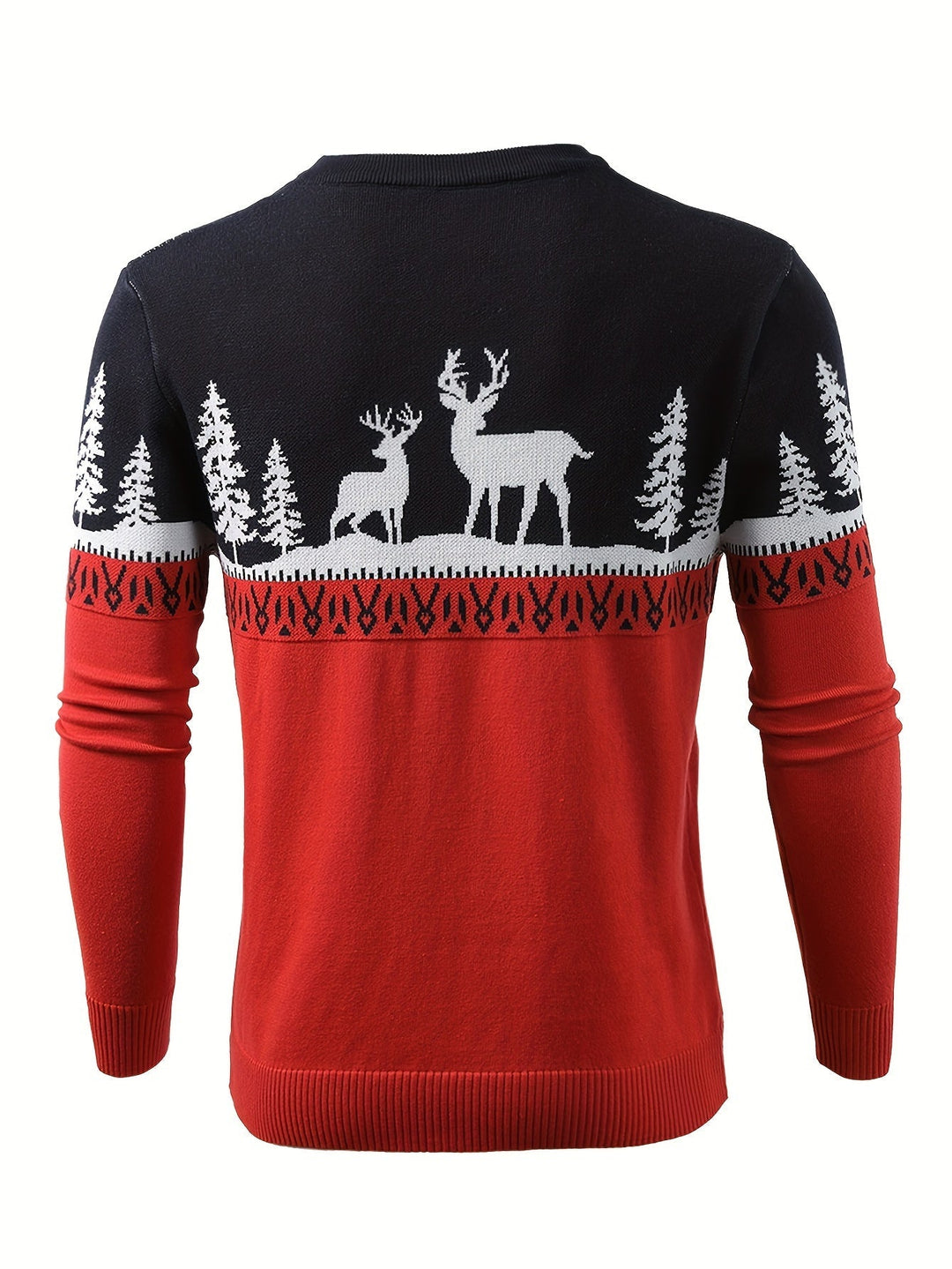 Men's Red Festive Christmas Sweater Reindeer Fair-Isle Crewneck