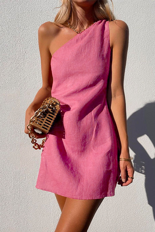 Women's One-Shoulder Mini Dress Linen Asymmetric Sleeveless Relaxed Summer