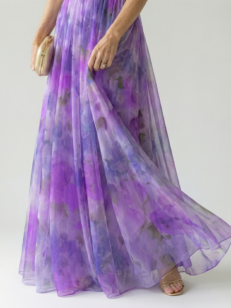 Women's Floral Chiffon Maxi Dress V-Neck Wrap Tulle Flowy Elegant