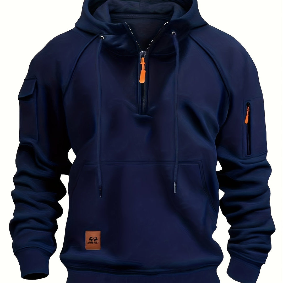 Men's Utility Quarter-Zip Hoodie Drawstring Sleeve Pocket Techwear Relaxed