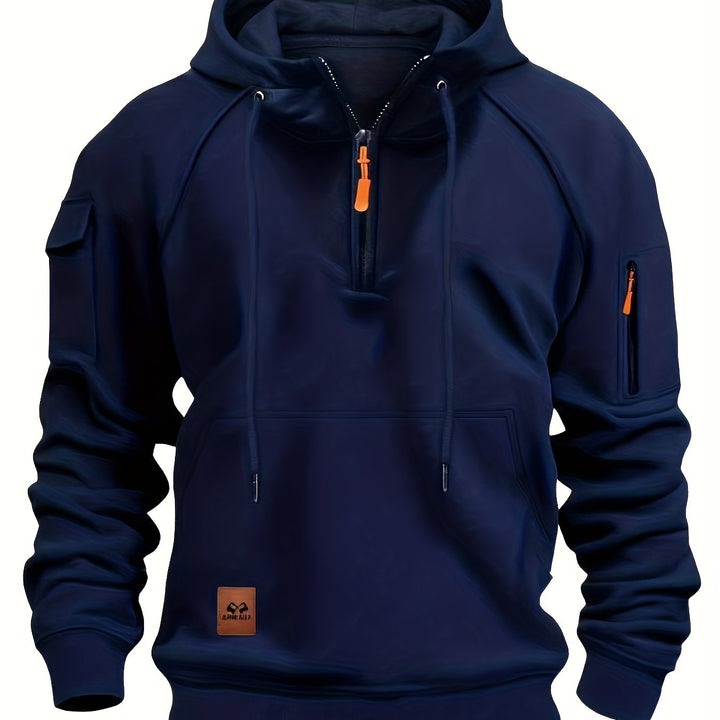 Men's Utility Quarter-Zip Hoodie Drawstring Sleeve Pocket Techwear Relaxed