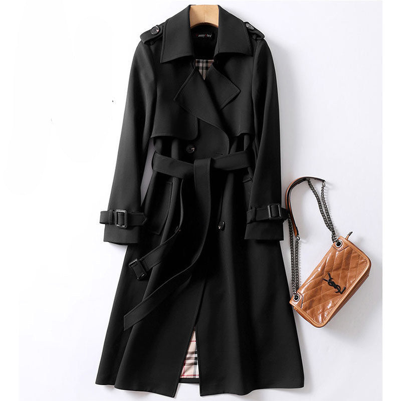 Women's Double-Breasted Trench Coat Notch Lapel Belted Longline Storm-Flap Classic