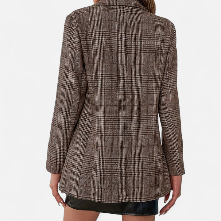 Women's Plaid Blazer Single-Breasted Peak Lapel Tailored Flap-Pocket Fitted Brown