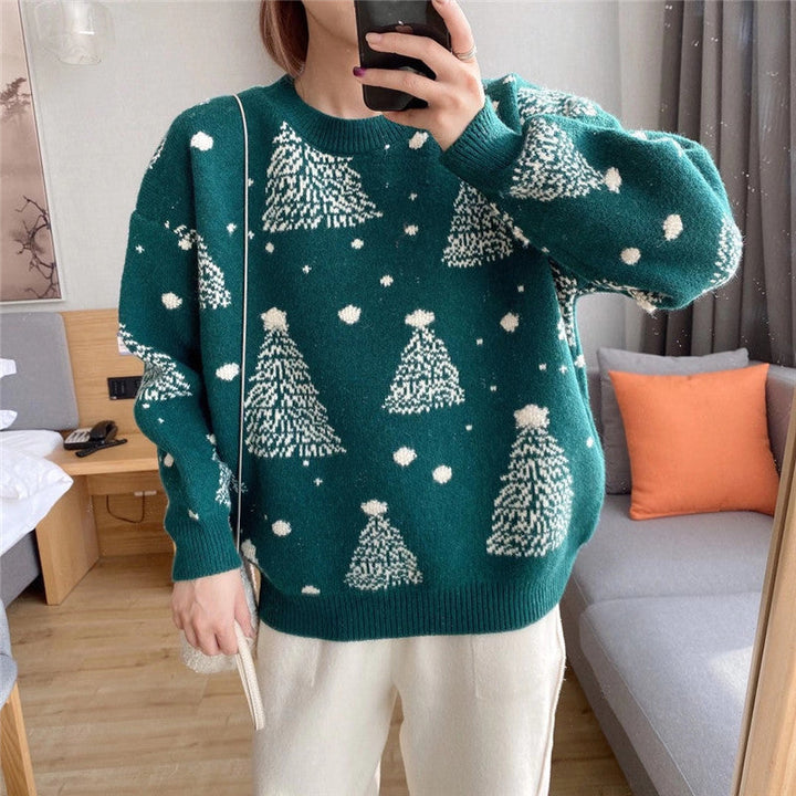 Women's Festive Christmas Sweater Tree Print Crewneck Oversized Holiday