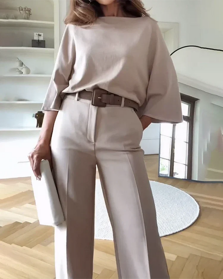Women's Boat-Neck Top Wide-Leg Trousers Two-Piece Set Beige