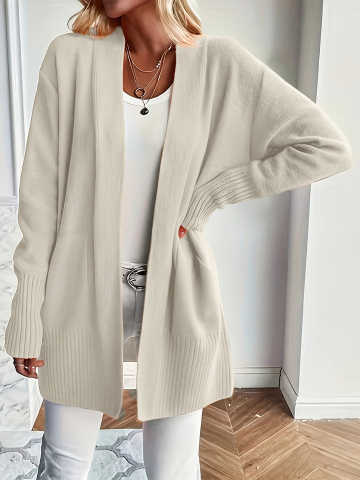 Women's Wool Blend Open-Front Cardigan Ribbed Longline Patch-Pocket Relaxed