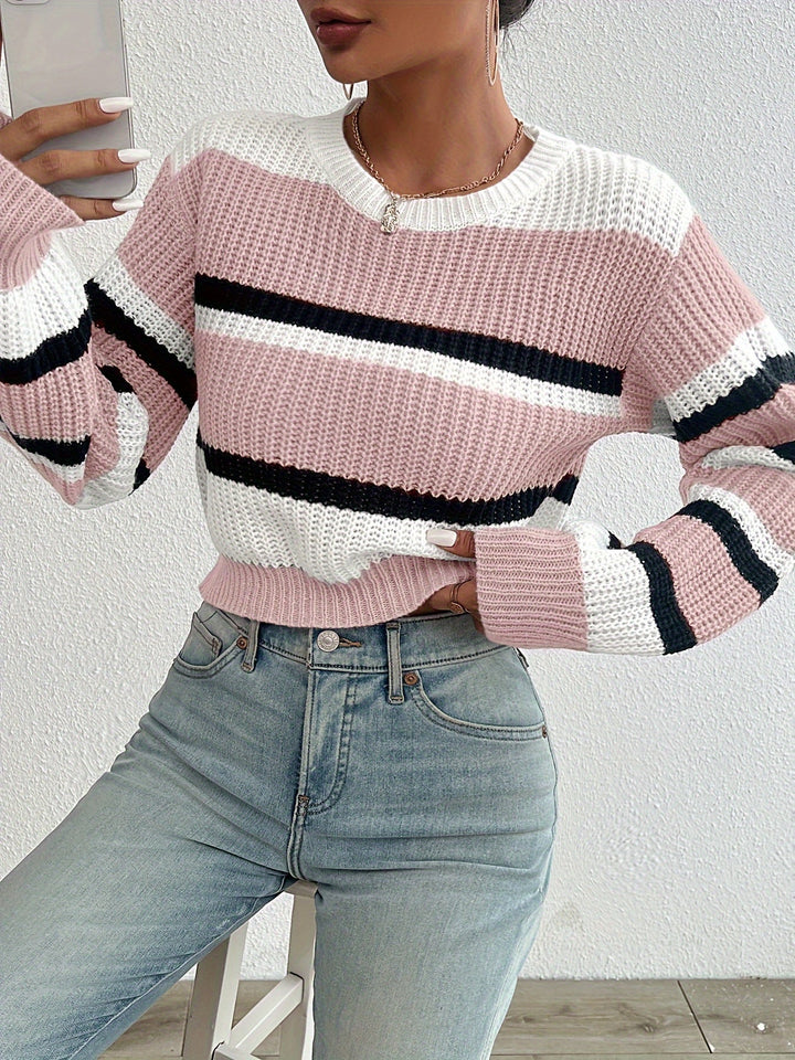 Women's Cropped Striped Knit Sweater Crewneck Colorblock Waffle Pullover