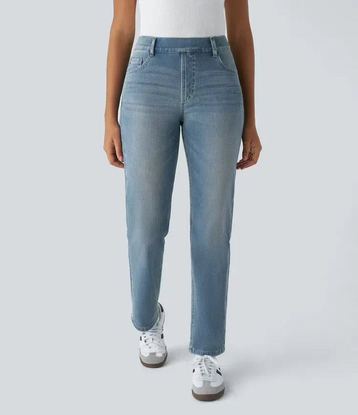 Women's Pull-On Straight Leg Jeans High Waist Elastic Stretch Denim Comfort