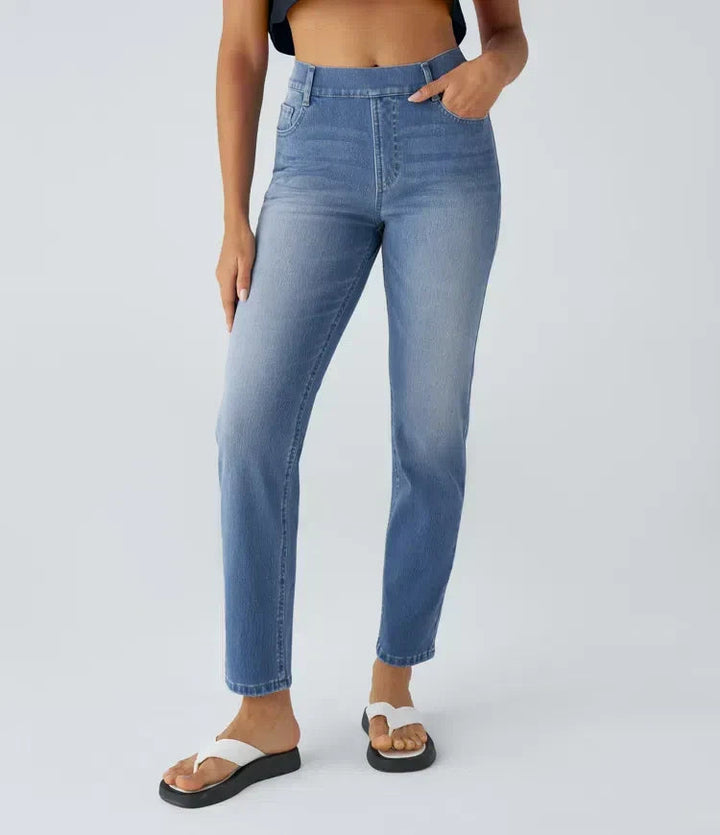 Women's Pull-On Straight Leg Jeans High Waist Elastic Stretch Denim Comfort