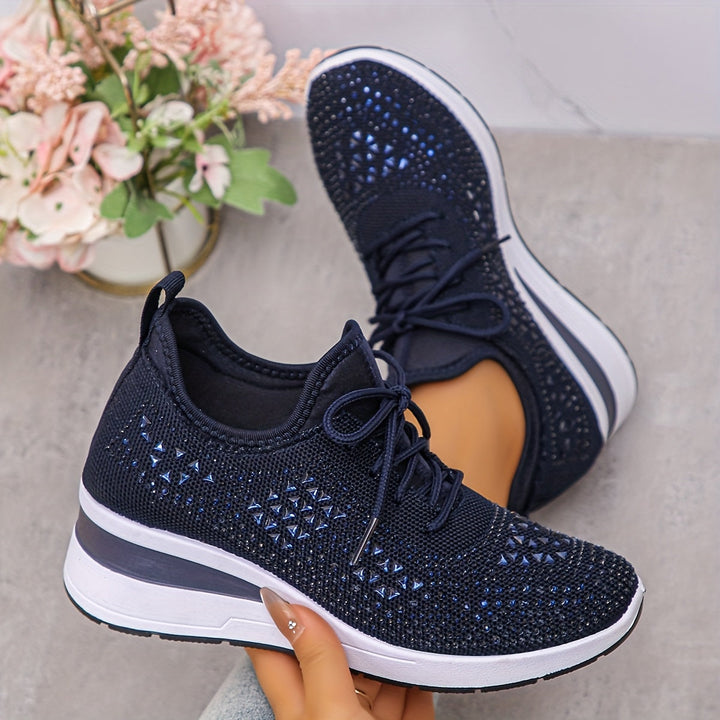 Women's Rhinestone Knit Wedge Sneakers Lace-Up Cushioned Comfort Walking