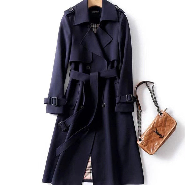 Women's Double-Breasted Trench Coat Notch Lapel Belted Longline Storm-Flap Classic