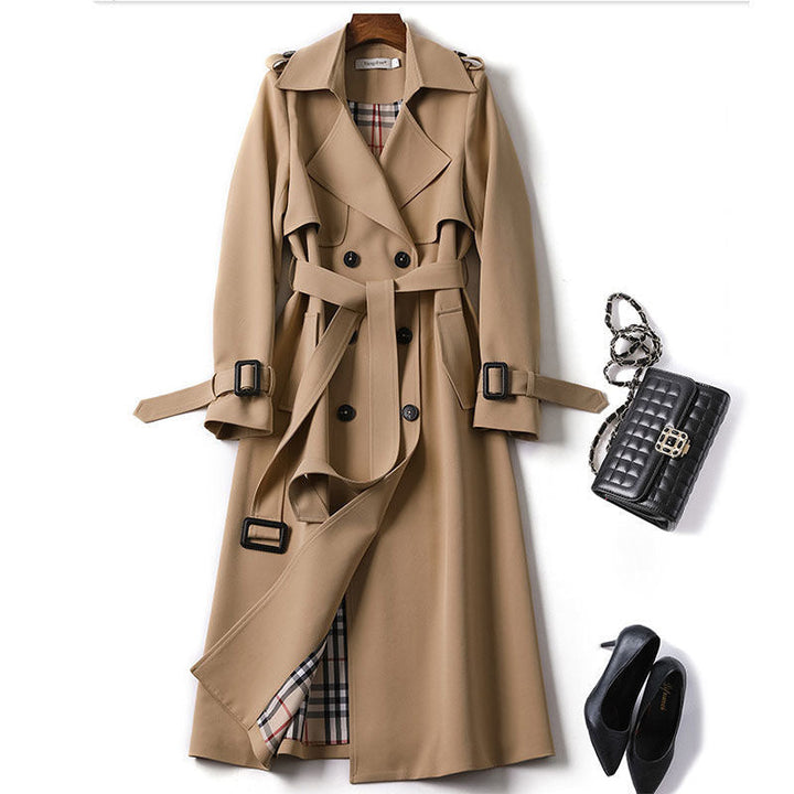 Women's Double-Breasted Trench Coat Notch Lapel Belted Longline Storm-Flap Classic