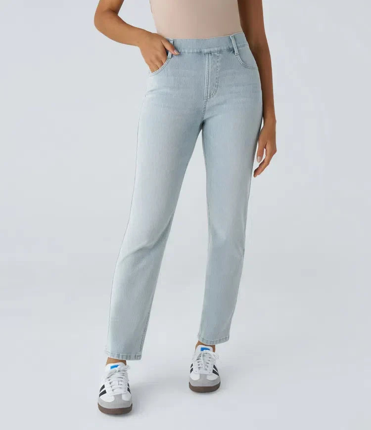 Women's Pull-On Straight Leg Jeans High Waist Elastic Stretch Denim Comfort