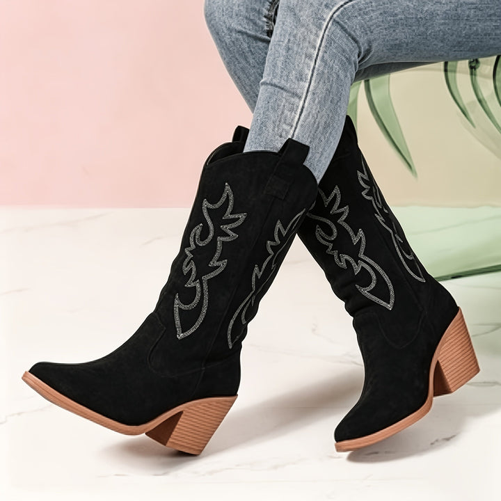 Women's Suede Western Boots Embroidered Block Heel Pointed-Toe Black