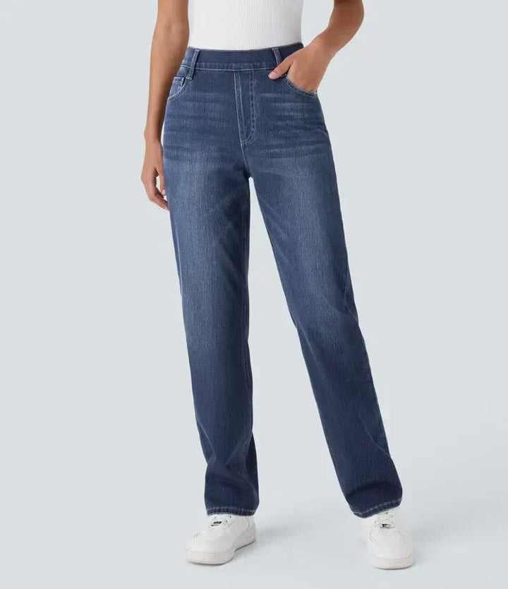 Women's Pull-On Straight Leg Jeans High Waist Elastic Stretch Denim Comfort
