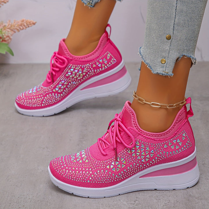 Women's Rhinestone Knit Wedge Sneakers Lace-Up Cushioned Comfort Walking