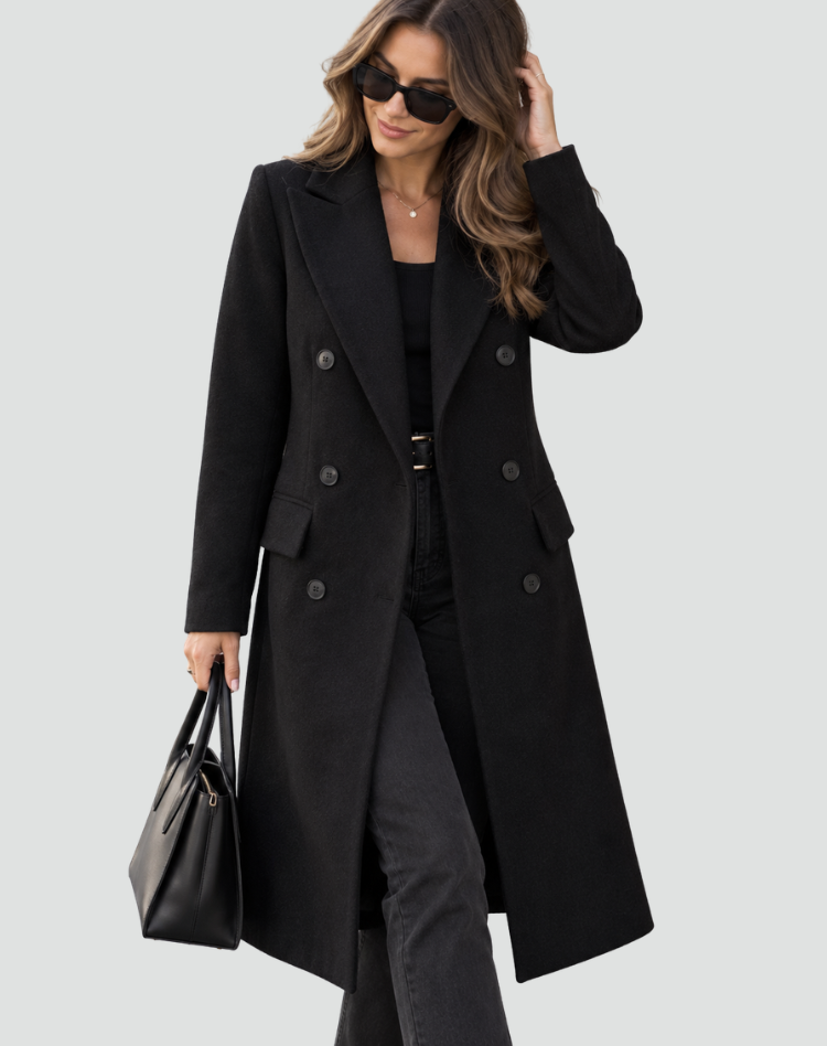 Women's Long Double-Breasted Wool Coat Notch Lapel Tailored Winter Overcoat
