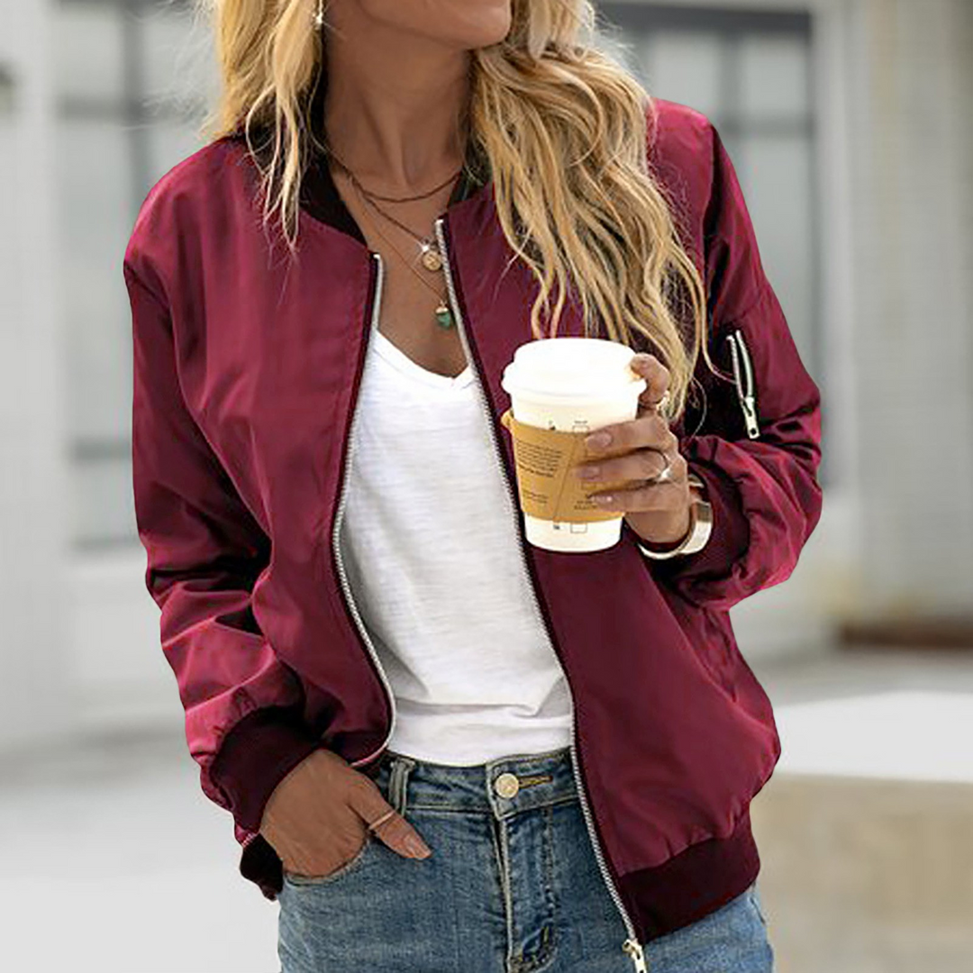 Women's Lightweight Zip-Up Bomber Jacket Ribbed Trim Sleeve Pocket Moto
