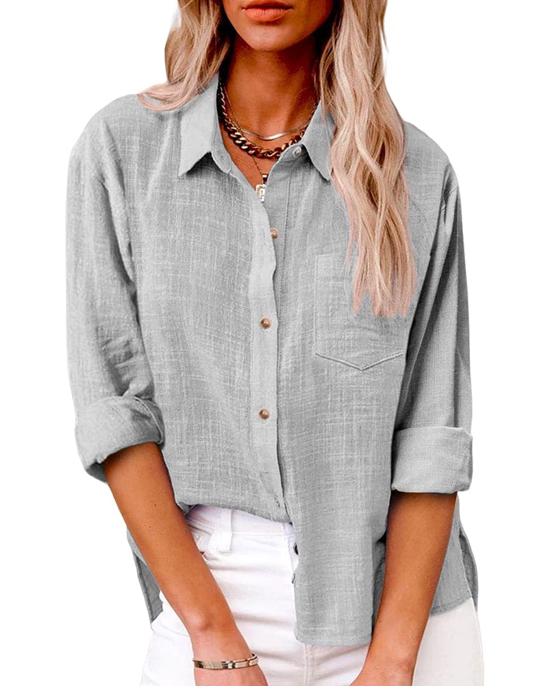 Women's Linen Button-Up Shirt Collared Long-Sleeve Chest-Pocket Relaxed