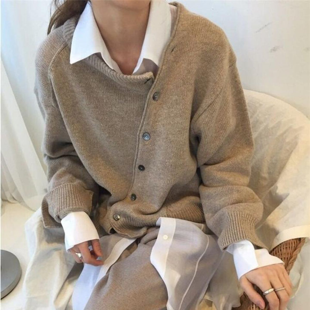 Women's Oversized Asymmetric Button Knit Cardigan Drop Shoulder Sweater