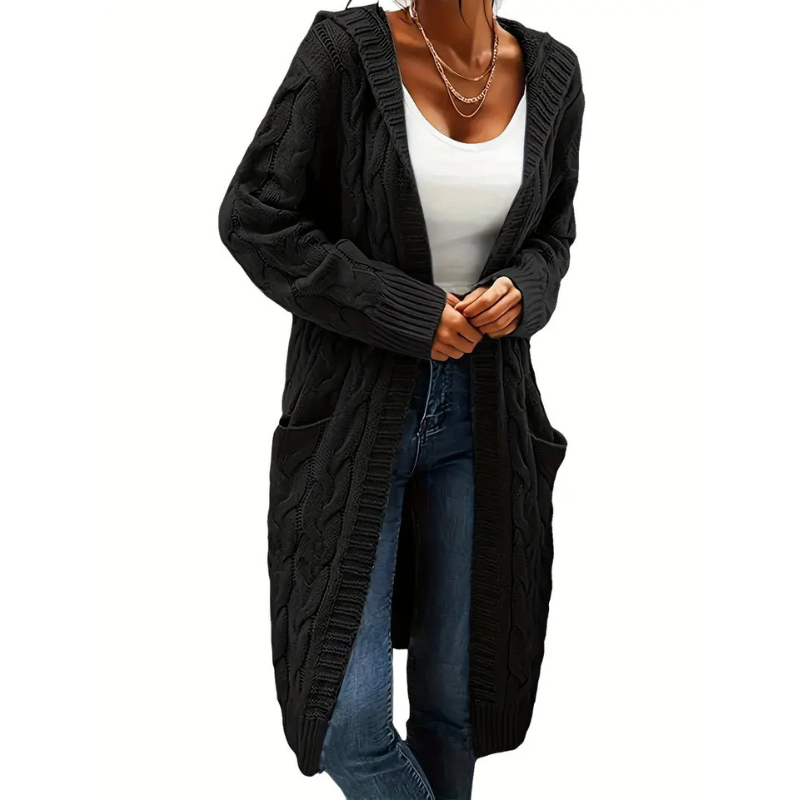 Women's Long Cable Knit Hooded Cardigan Open Front Patch-Pocket Longline