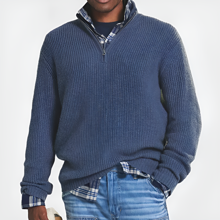 Men's Half-Zip Knit Sweater Ribbed Chunky Stand Collar Quarter-Zip