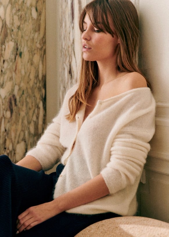 Women's Chunky Knit Cardigan Button-Front V-Neck Soft Brushed Mohair Relaxed