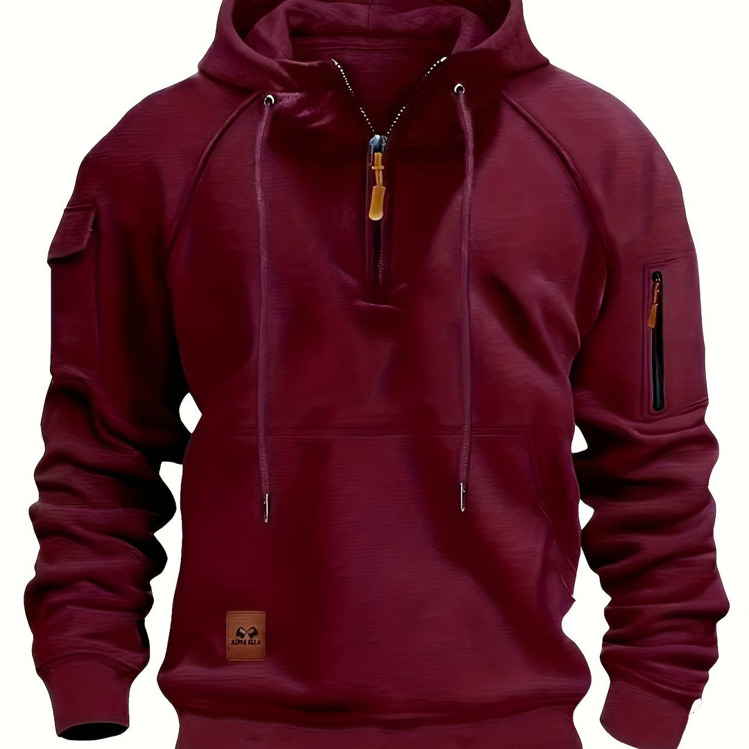 Men's Utility Quarter-Zip Hoodie Drawstring Sleeve Pocket Techwear Relaxed