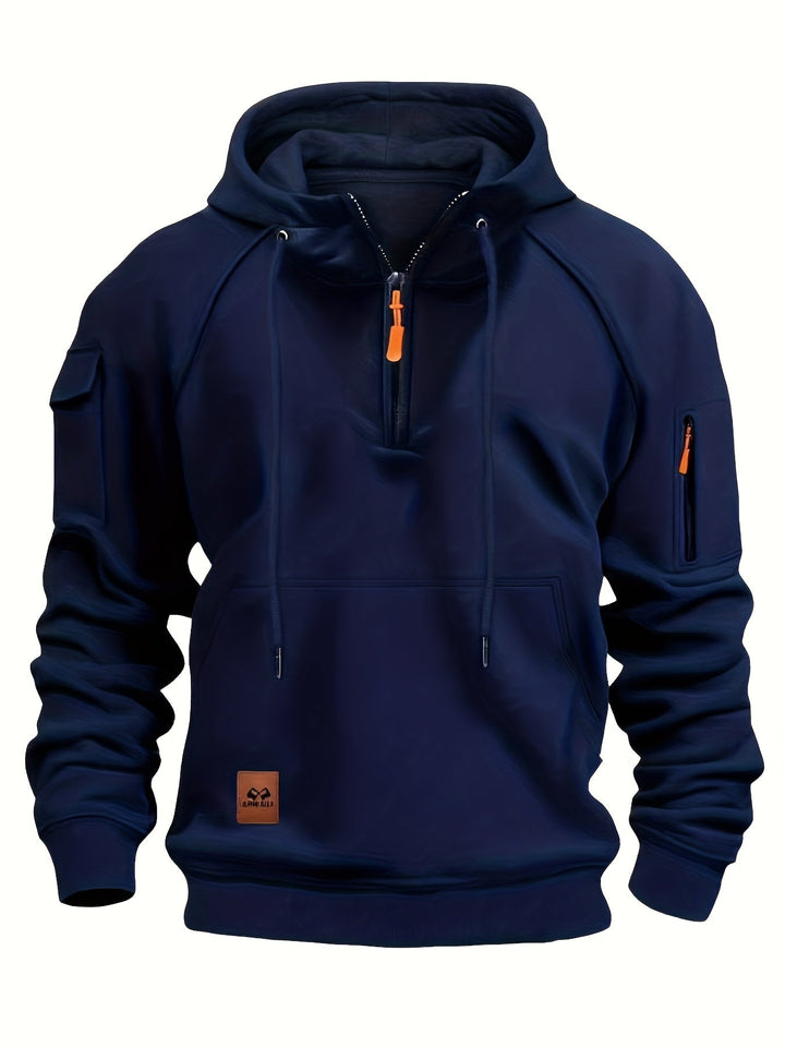 Men's Utility Quarter-Zip Hoodie Drawstring Sleeve Pocket Techwear Relaxed