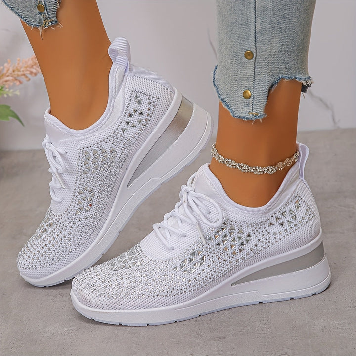 Women's Rhinestone Knit Wedge Sneakers Lace-Up Cushioned Comfort Walking