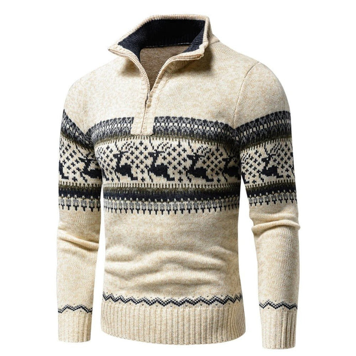 Men's Festive Christmas Sweater Reindeer Fair Isle Quarter-Zip Stand Collar