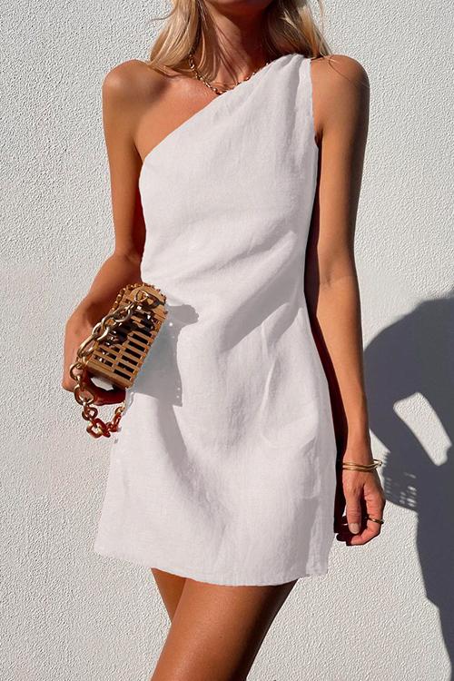 Women's One-Shoulder Mini Dress Linen Asymmetric Sleeveless Relaxed Summer