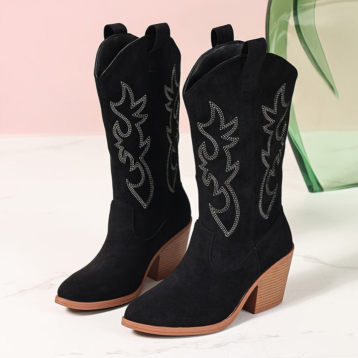 Women's Suede Western Boots Embroidered Block Heel Pointed-Toe Black