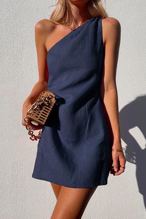 Women's One-Shoulder Mini Dress Linen Asymmetric Sleeveless Relaxed Summer